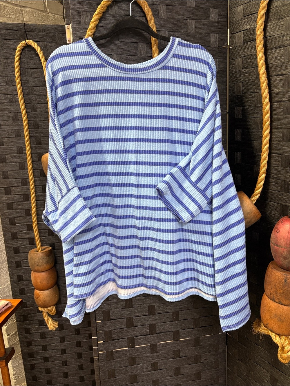 Striped Lightweight Knit Long Sleeve Top in Light Blue & Royal Blue
